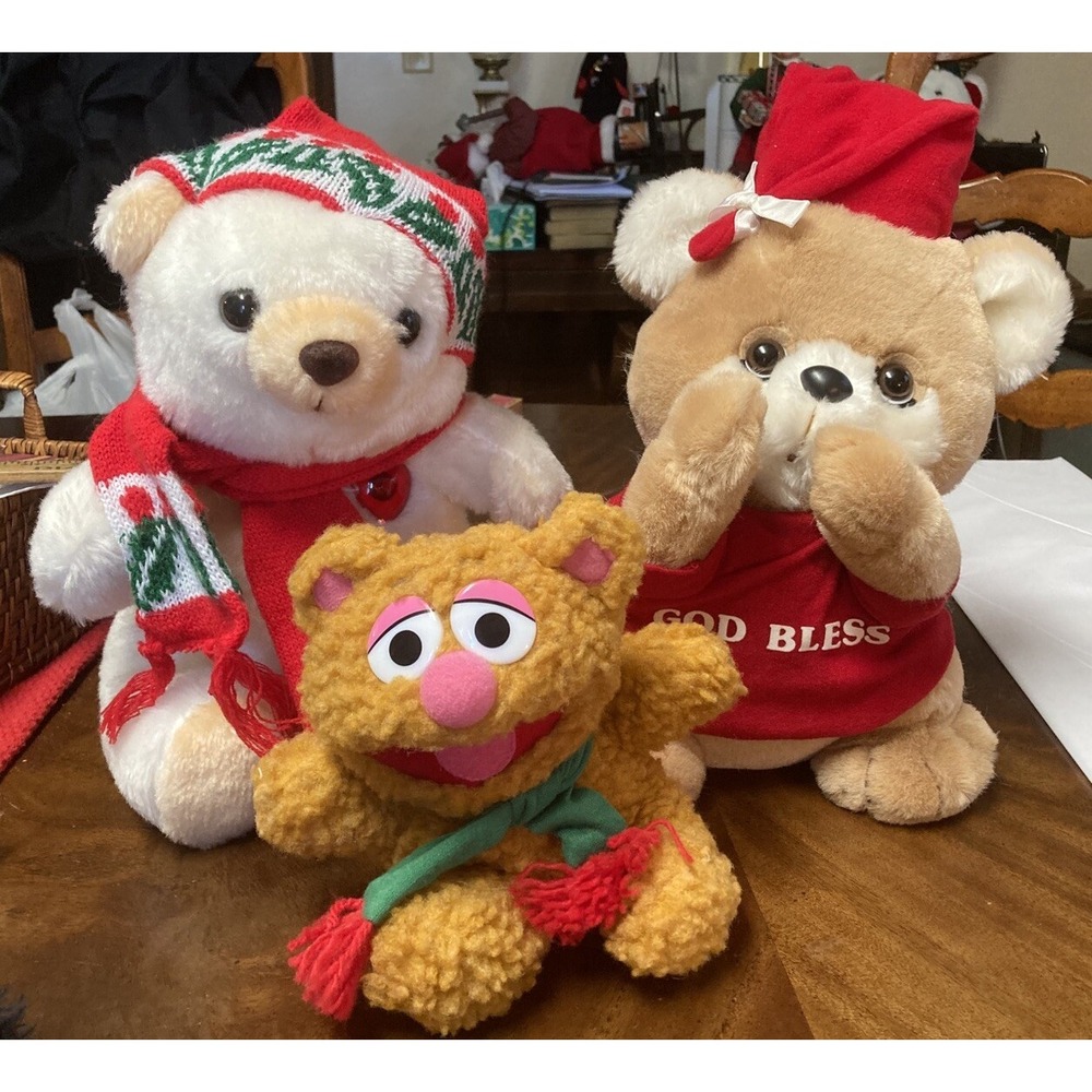 Lot Of 3 Vtg Bears Tan White Red Plays Music Works God Bless And BabyMuppet Bear
